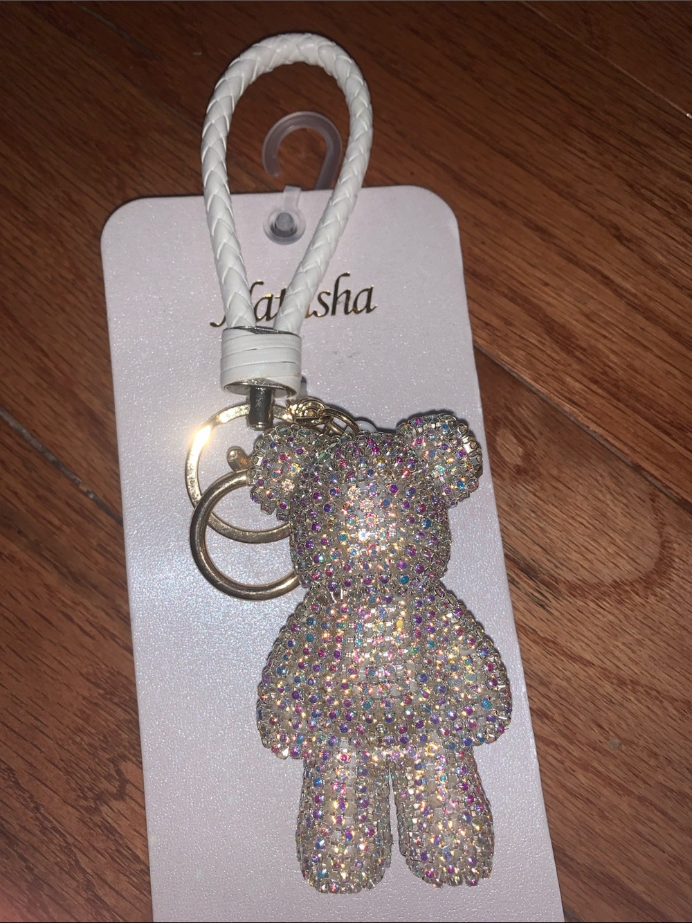 Natasha Couture Iridescent Crystal Bear Purse Charm with White Strap - Picture 4 of 10